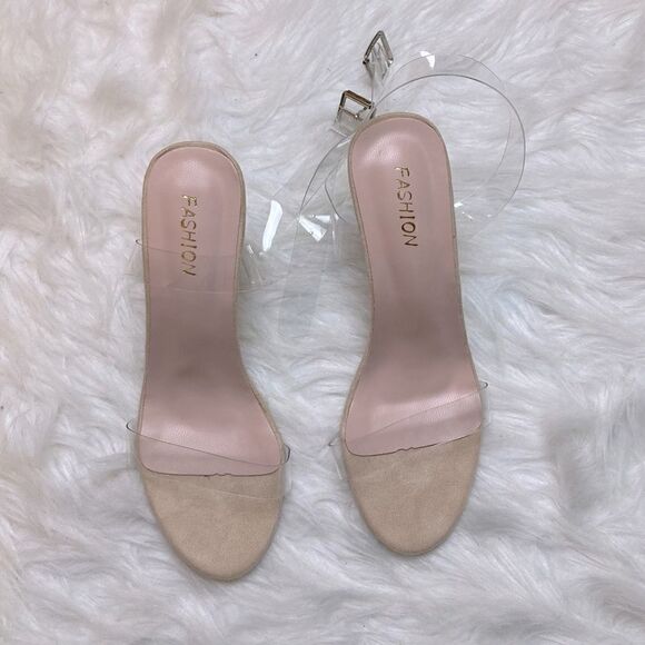 Fashion Nova Square Crystalbelle Ankle Wrap Open Toe Clear/nude Heels - Picture 4 of 12